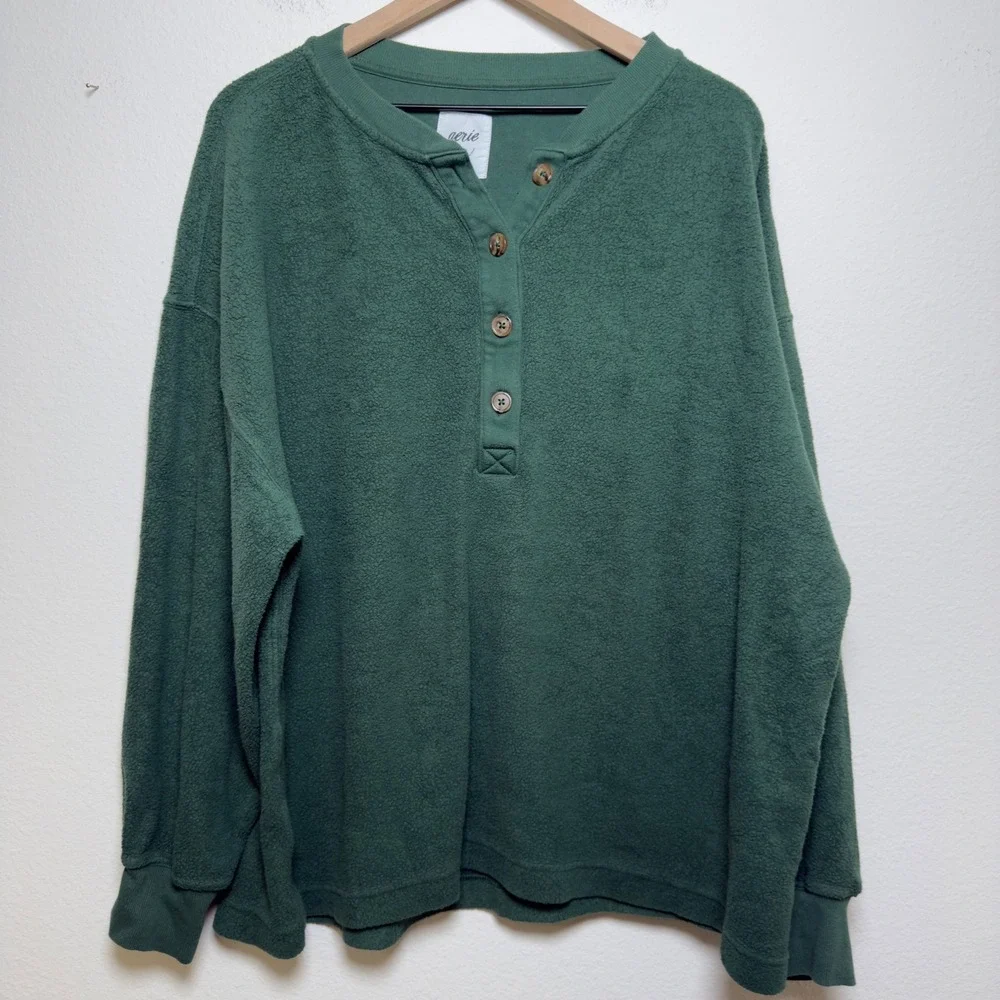 Aerie Women‎ Sherpa Henley Sweater XL Oversized Fleece Sweatshirt Green Lounge